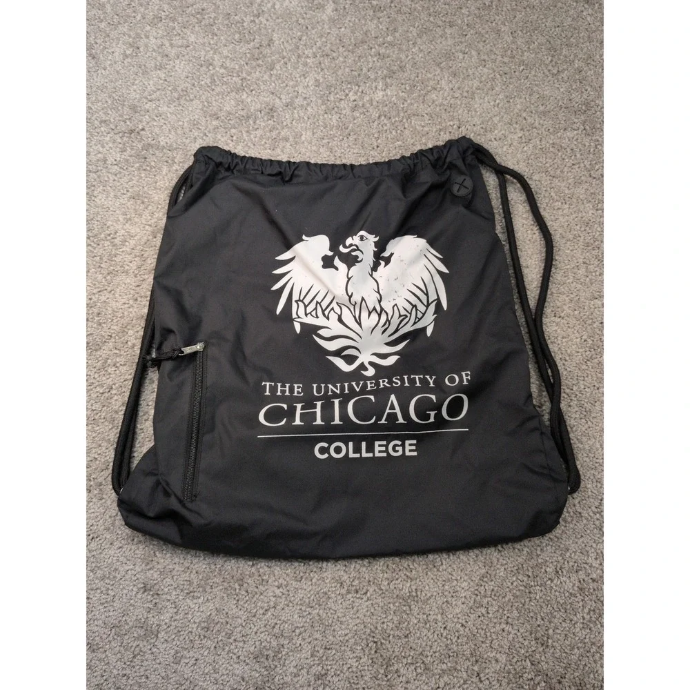 University of Chicago College Drawstring Backpack Black Cinch Bag Side Zip Logo